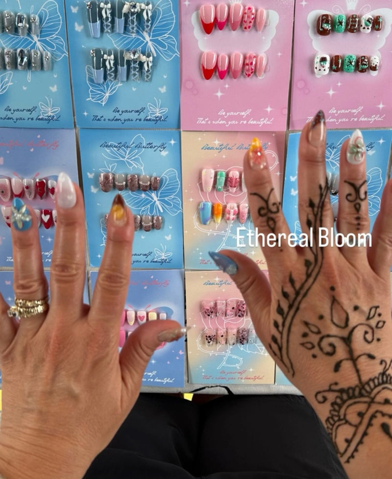 this photo was taken during myobnails popup market, a returning customer come back to get another set while wearing ethereal bloom set from myobnails