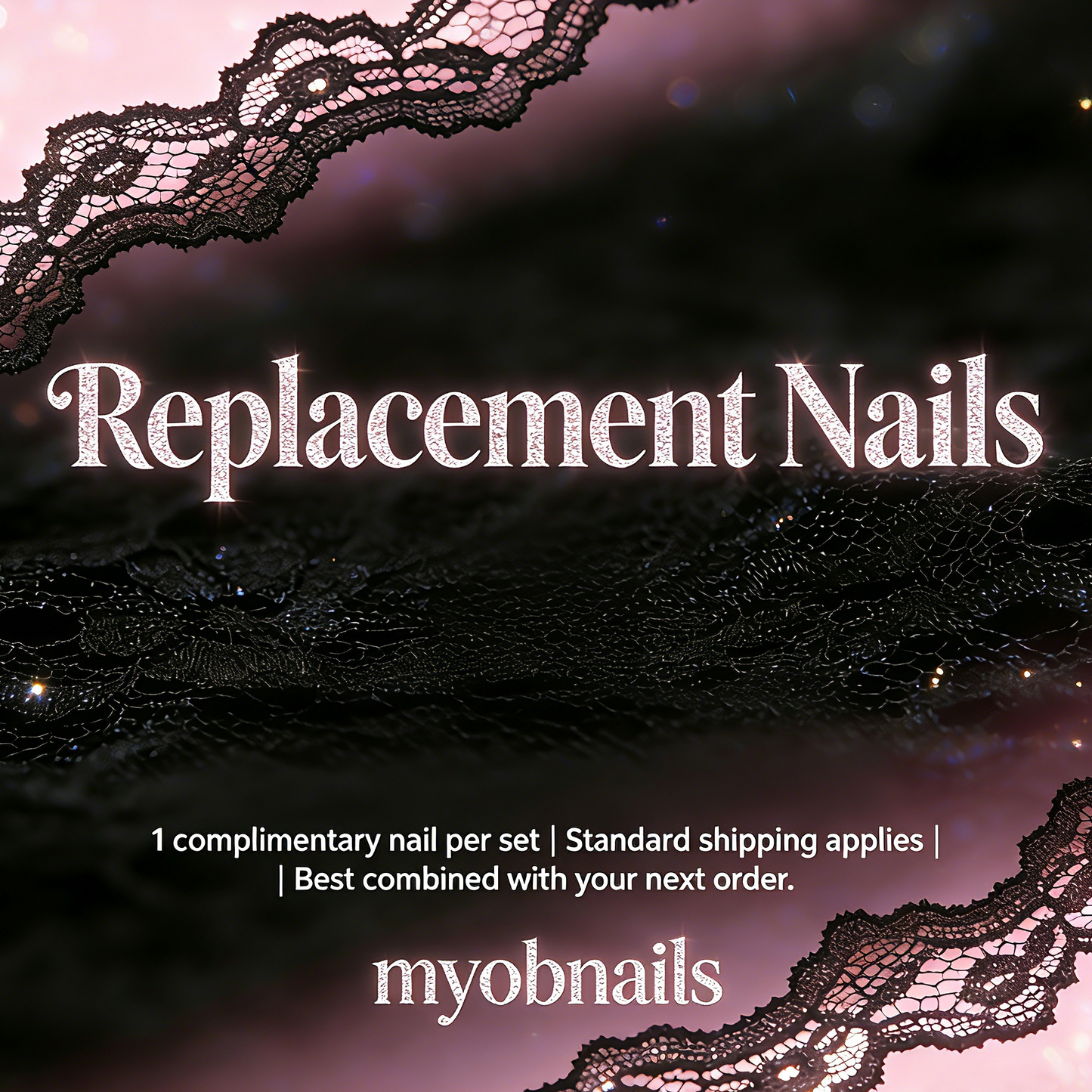 Advertisement for replacement nails with lace design and text overlay on a dark background.
