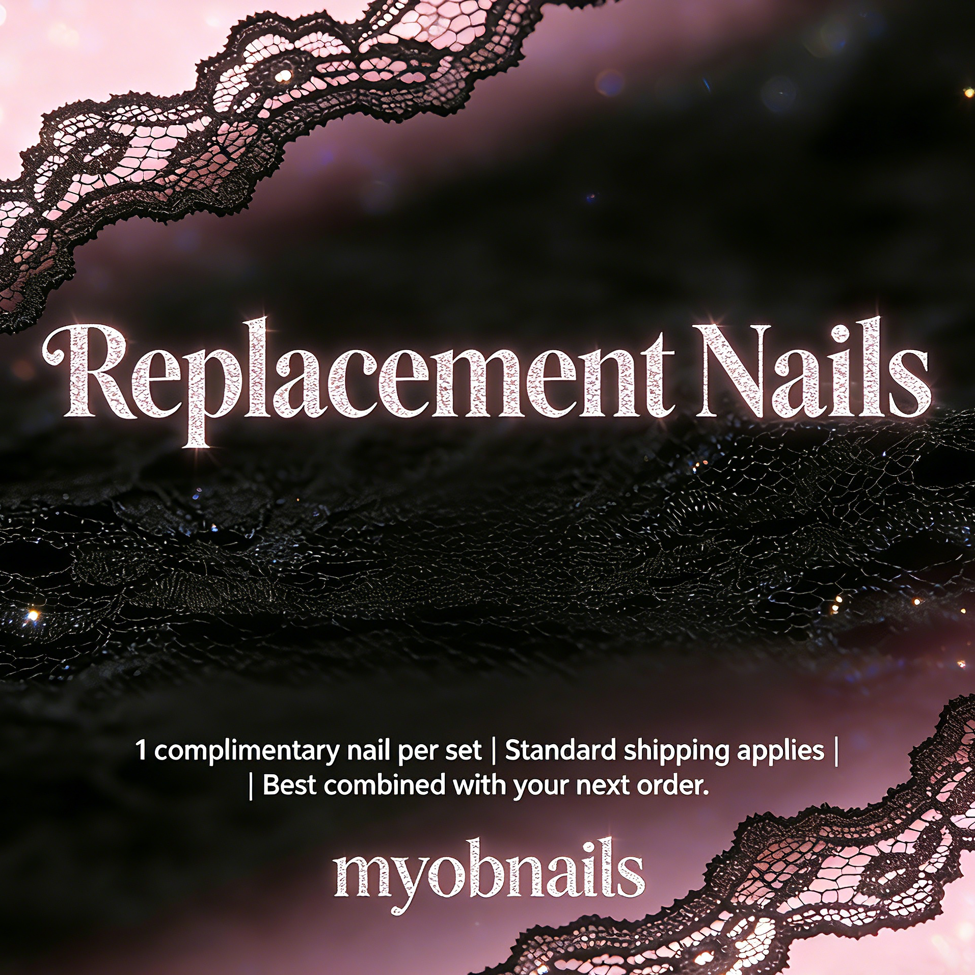 Advertisement for replacement nails with lace design and text overlay on a dark background.