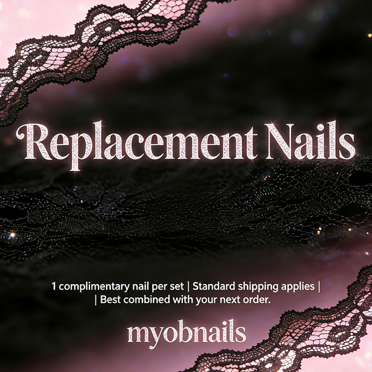Advertisement for replacement nails with lace design and text overlay on a dark background.