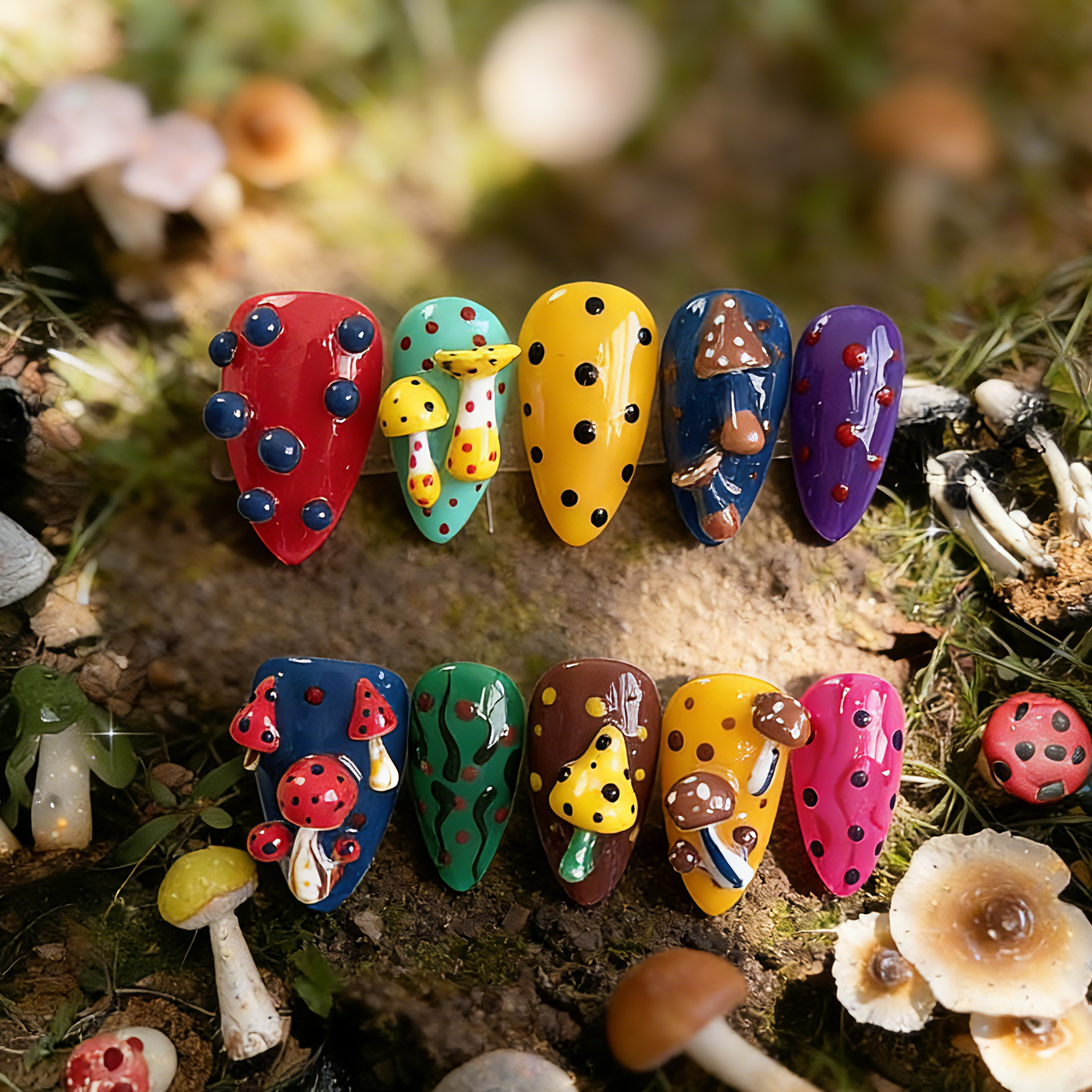 Mystic Shroom press-on nails by MYOB Nails featuring colorful 3D mushrooms, spheres, and hand-painted patterns.