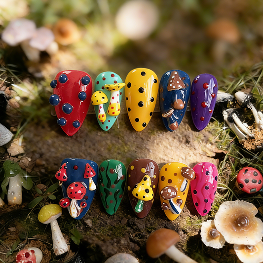 Mystic Shroom press-on nails by MYOB Nails featuring colorful 3D mushrooms, spheres, and hand-painted patterns.