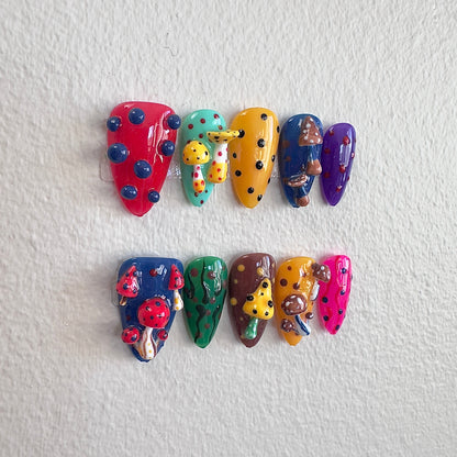 Close-up of the textured 3D mushrooms and precise hand-painted polka dots on the Mystic Shroom set.