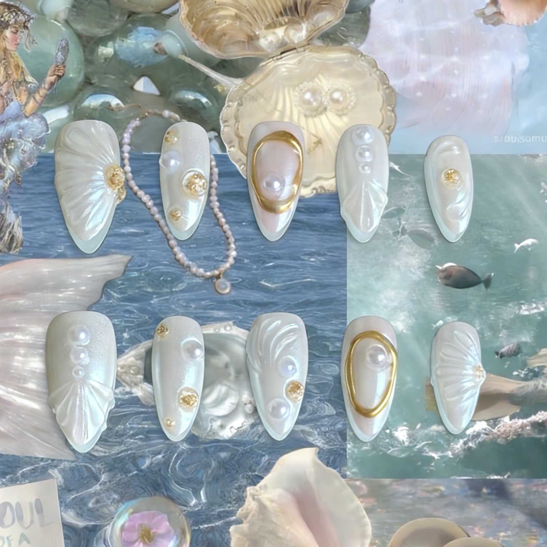 Oyster Belle press-on nails by MYOB Nails displayed on a shimmering aquatic background with soft ripples and iridescent pearls.