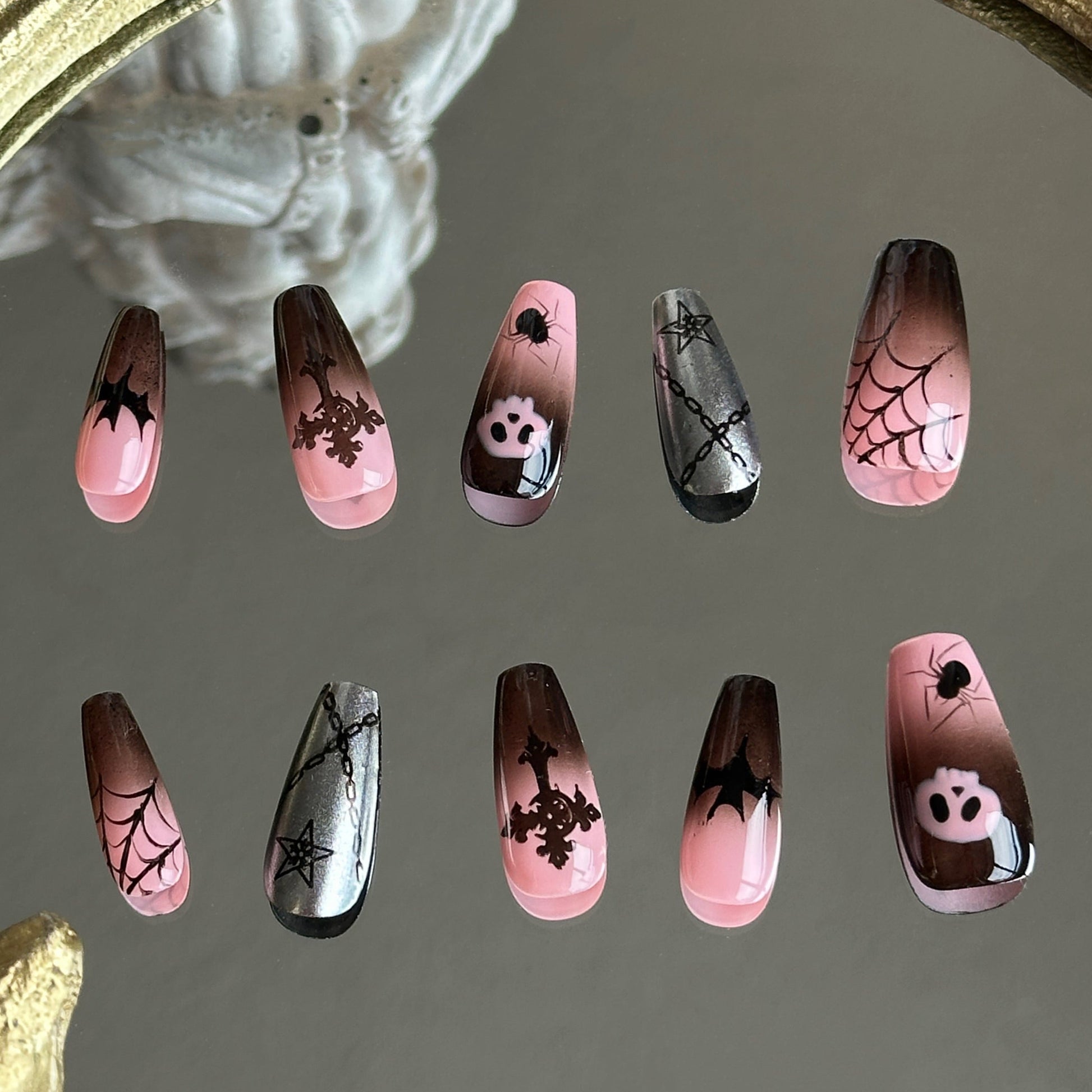 Back view of the Pink Abyss handcrafted nail set by MYOB Nails, showcasing the seamless pink-to-black gradient and glossy finish.