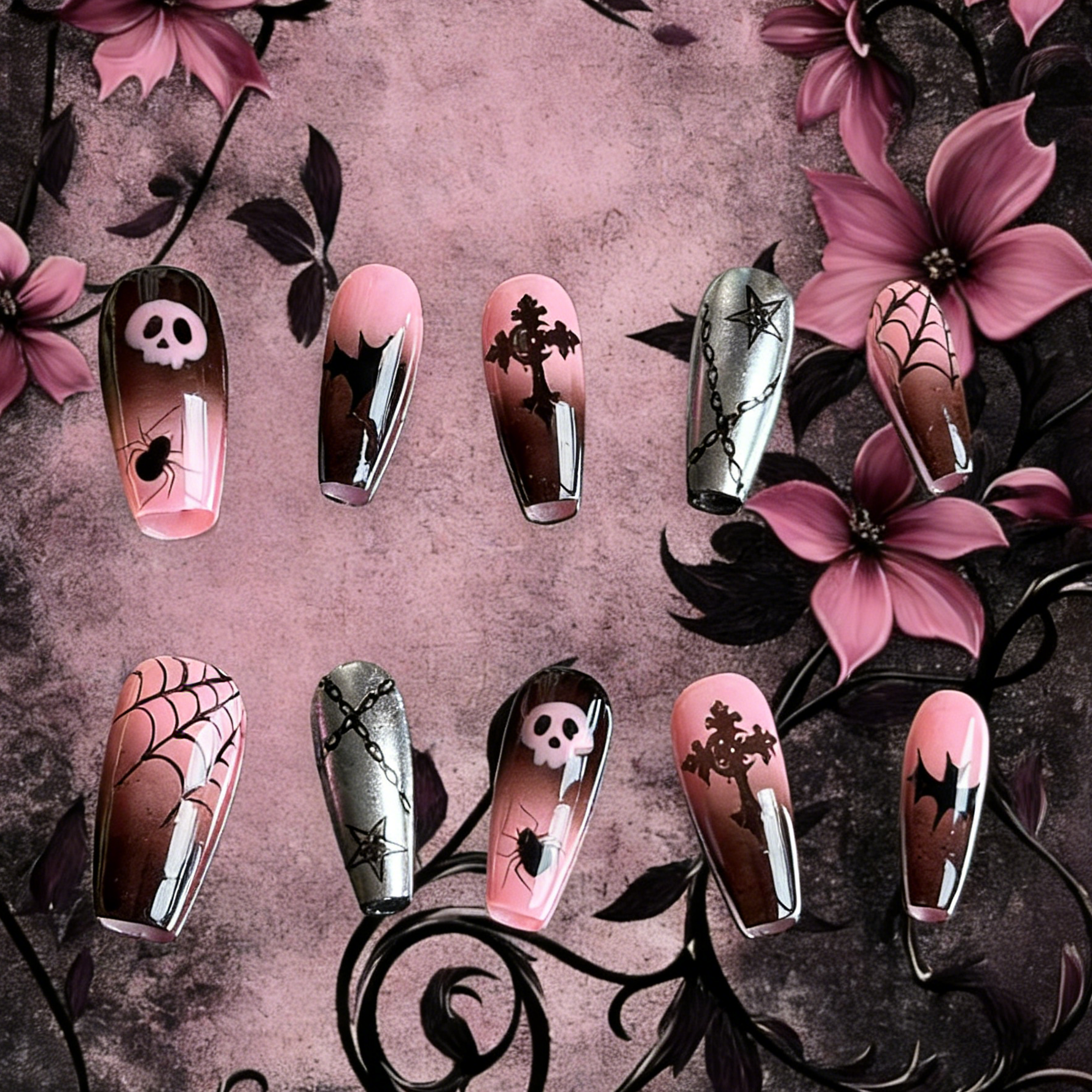 Pink Abyss press-on nails by MYOB Nails displayed on a dramatic dark pink and black background with gothic flowers and scrolls.