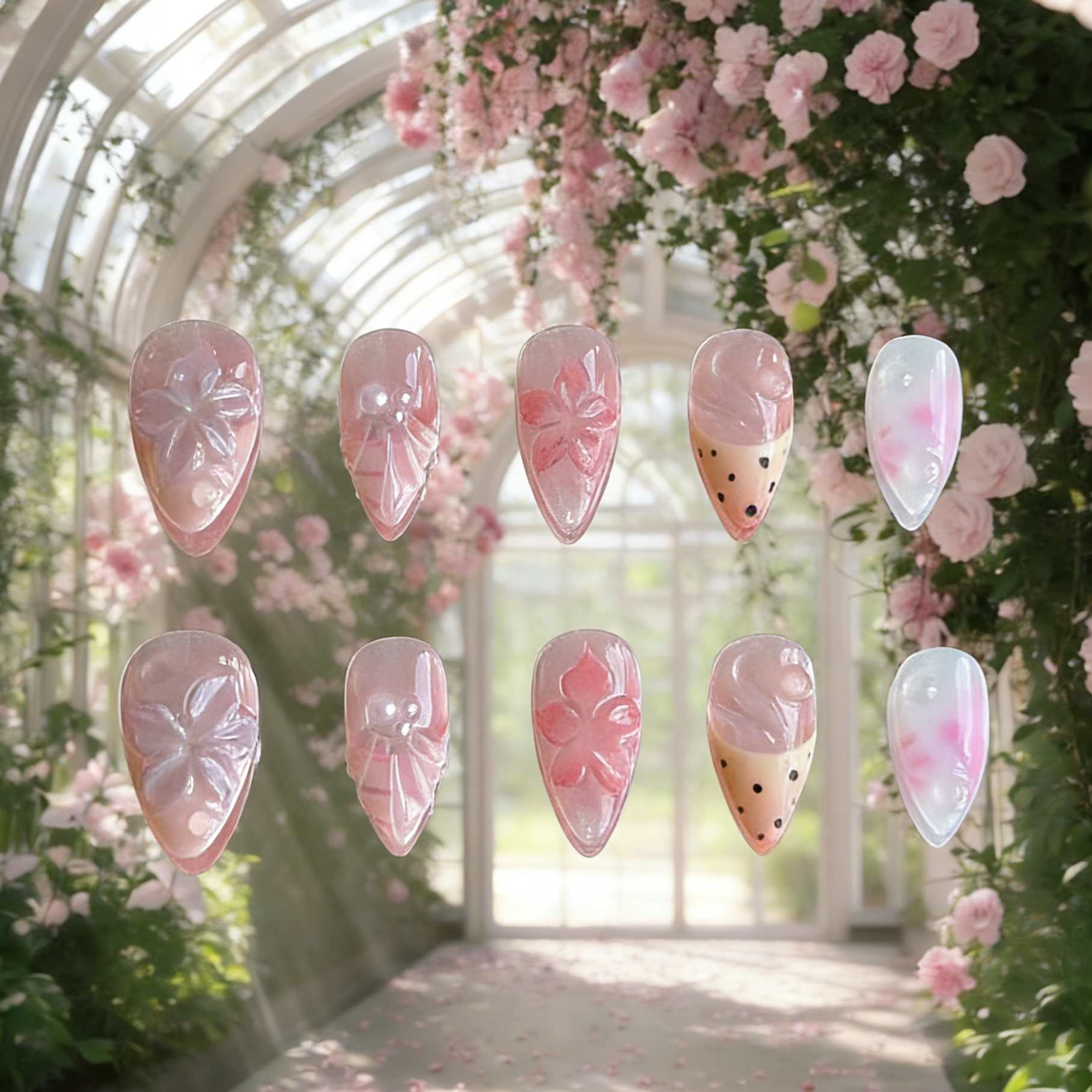 Pink Garden press-on nails by MYOB Nails featuring 3D handcrafted flowers and seashell textures on a sheer gradient base.