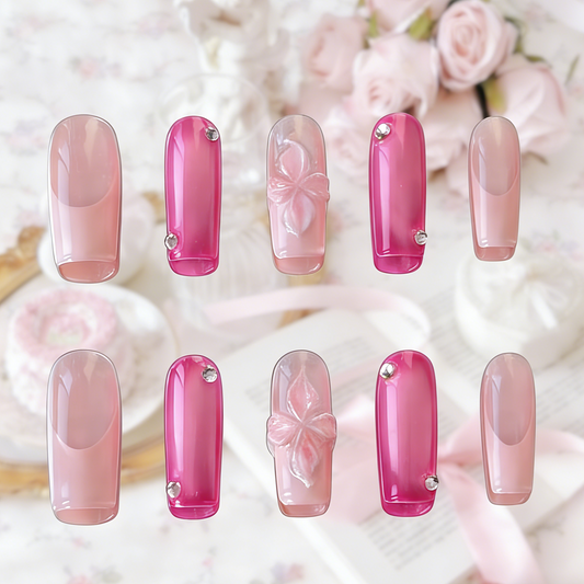 Pink World press-on nails by MYOB Nails featuring rose pink with white blush centers and sheer pink French tips