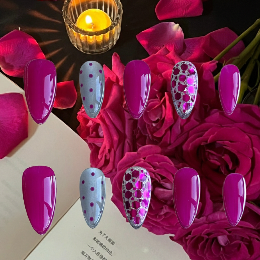 Plum Sparkle press-on nails by MYOB Nails featuring deep plum tones and magnetic silver cat-eye shimmer.