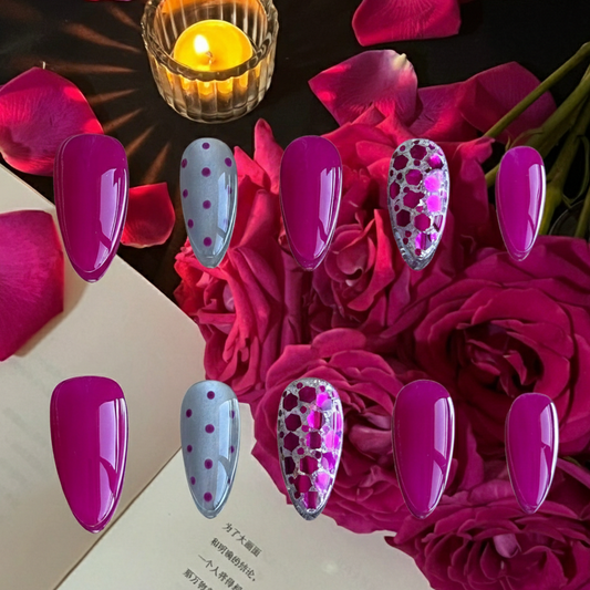 Plum Sparkle press-on nails by MYOB Nails featuring deep plum tones and magnetic silver cat-eye shimmer.