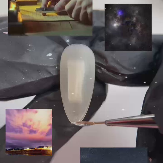 A process-to-result video of Galactic Poetry by MYOB Nails, featuring the creation of silver celestial details and the final shimmering result.