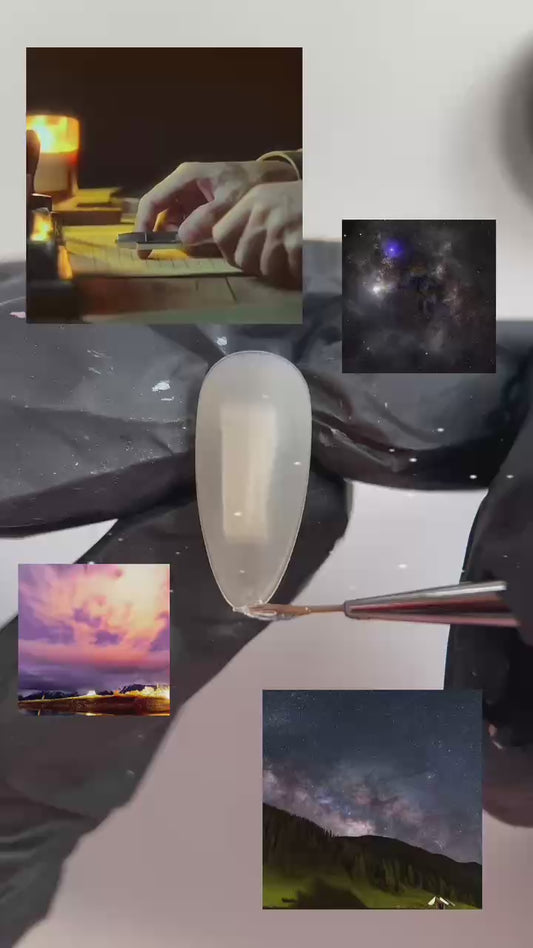 A process-to-result video of Galactic Poetry by MYOB Nails, featuring the creation of silver celestial details and the final shimmering result.