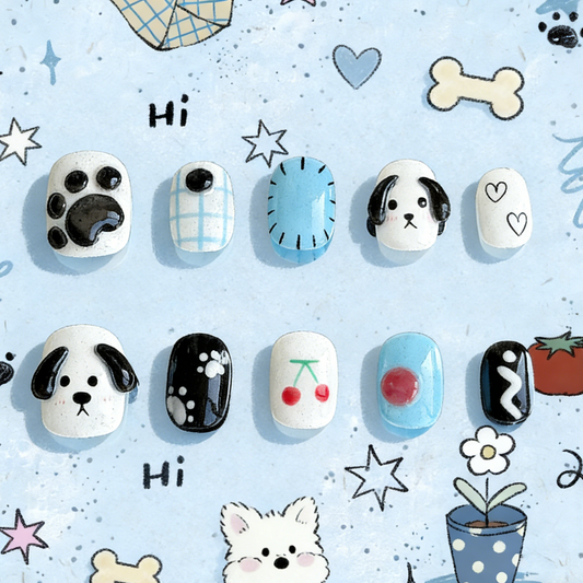 Puppy Love press-on nails by MYOB Nails displayed on a playful blue hand-drawn illustration background with cute dog and bone doodles.