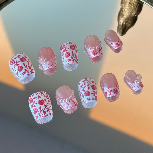 Close-up detail of the delicate pearl border along the French tip resembling a necklace by MYOB Nails.