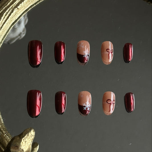 Red Chrome Christmas Nails with Snowflake