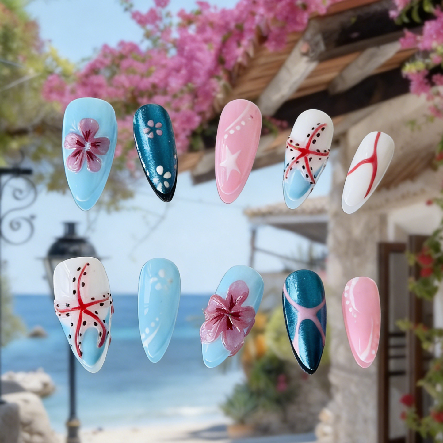 Seabloom by MYOB Nails featuring metallic blue chrome, 3D pink flowers, and a sculpted starfish.