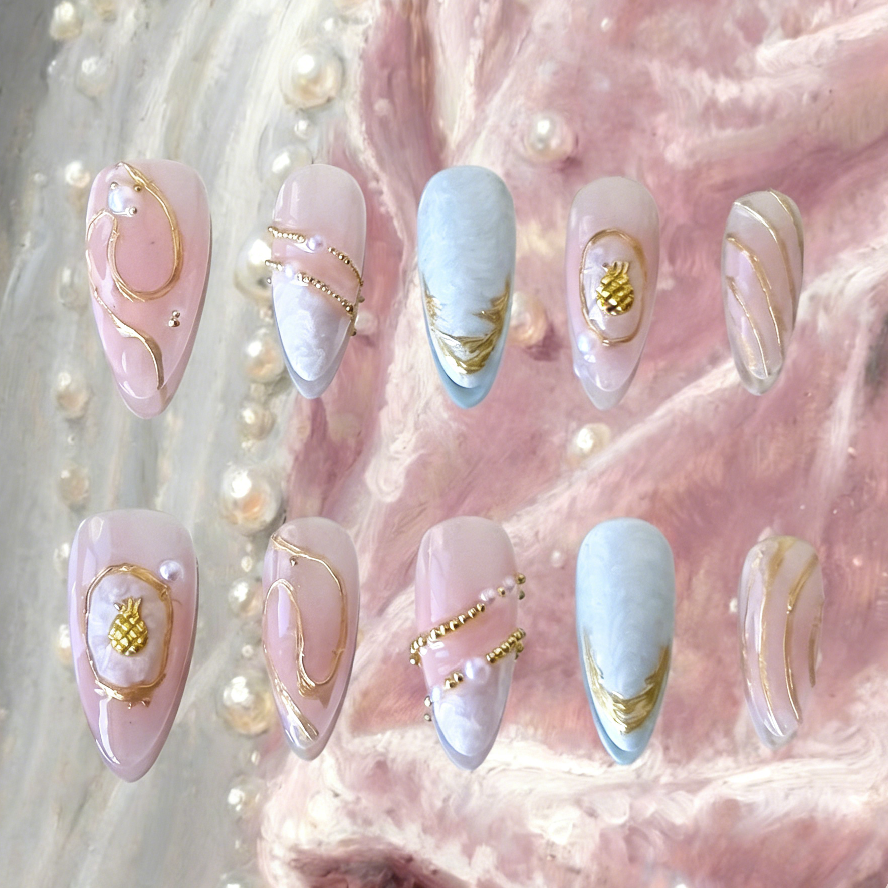 Seraphine by MYOB Nails featuring pink blush gradients, 3D white thread gel textures, and irregular gold chrome French tips.