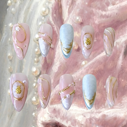 Seraphine by MYOB Nails featuring pink blush gradients, 3D white thread gel textures, and irregular gold chrome French tips.