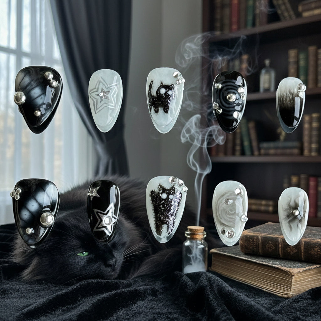 black glitter cat press ons with bead, ombre and sliver stars