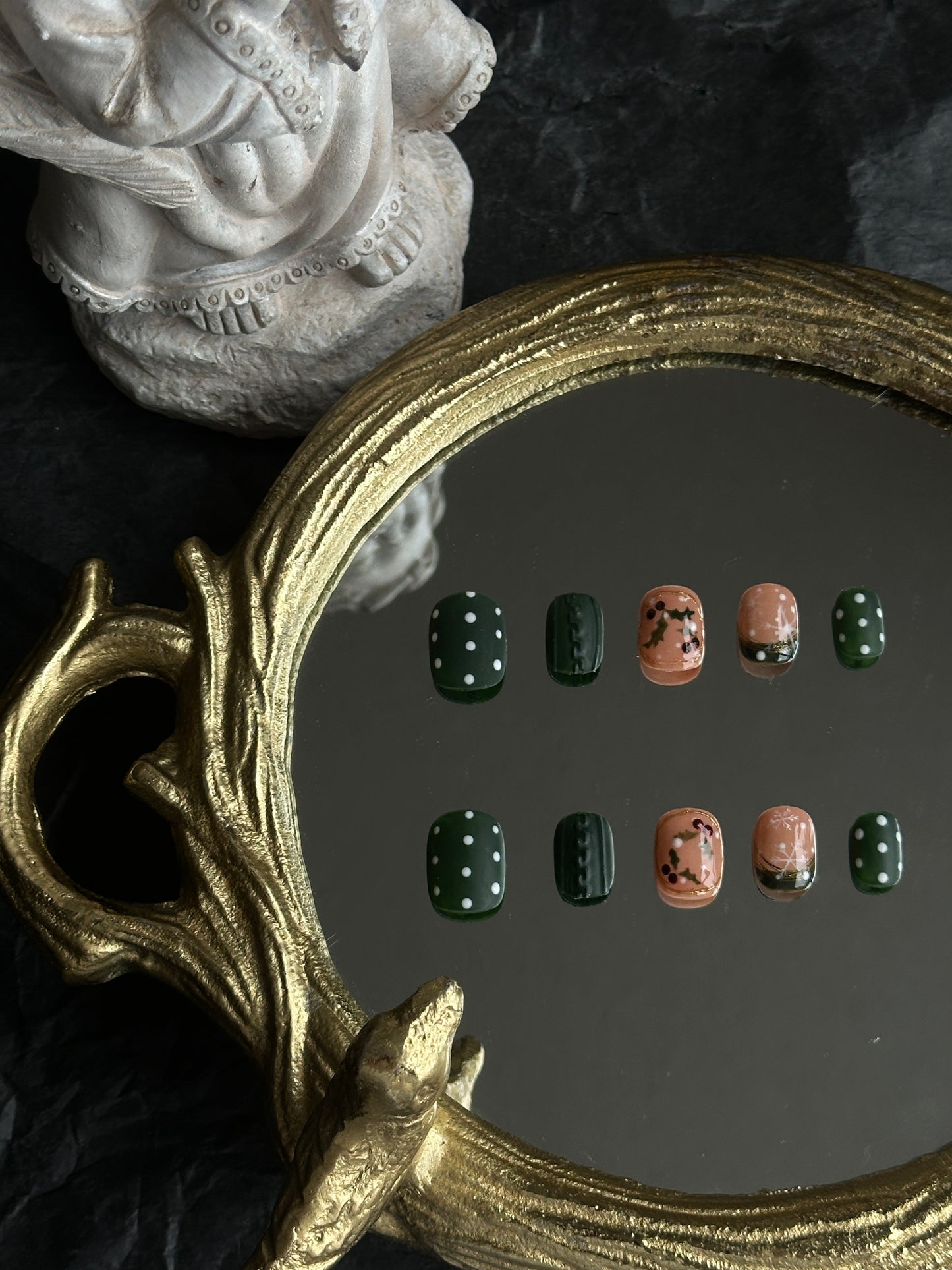 dark green nails with polka dots, Mistletoe and Knit