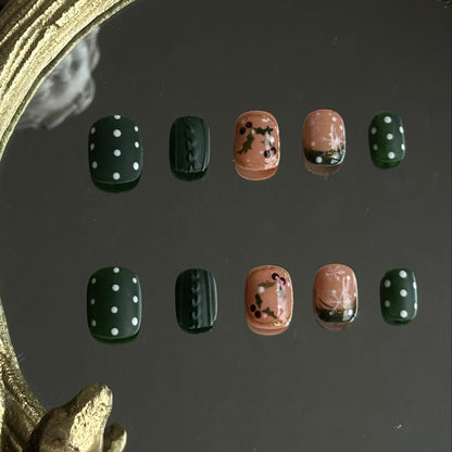 dark green nails with polka dots, Mistletoe and Knit