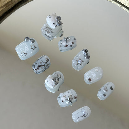 Right side view showcasing the whimsical feline character silhouettes and silver star stickers.