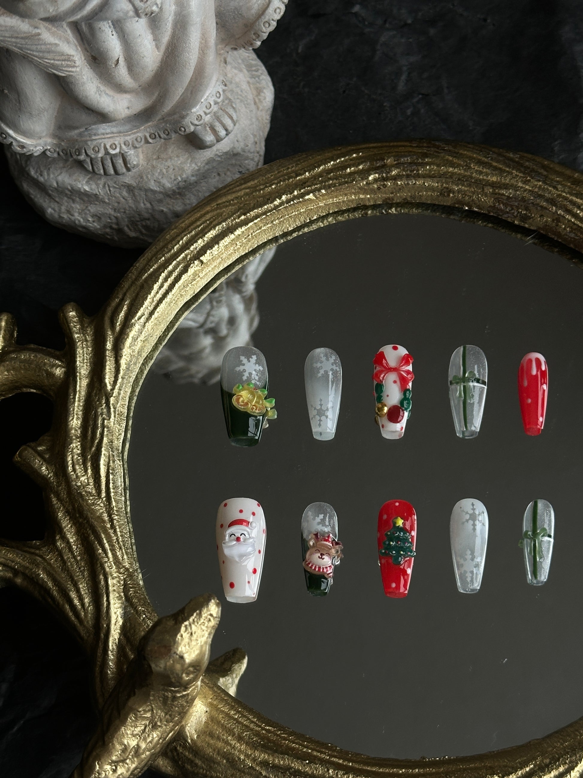 silver cateye base christmas nail set with christmas charms