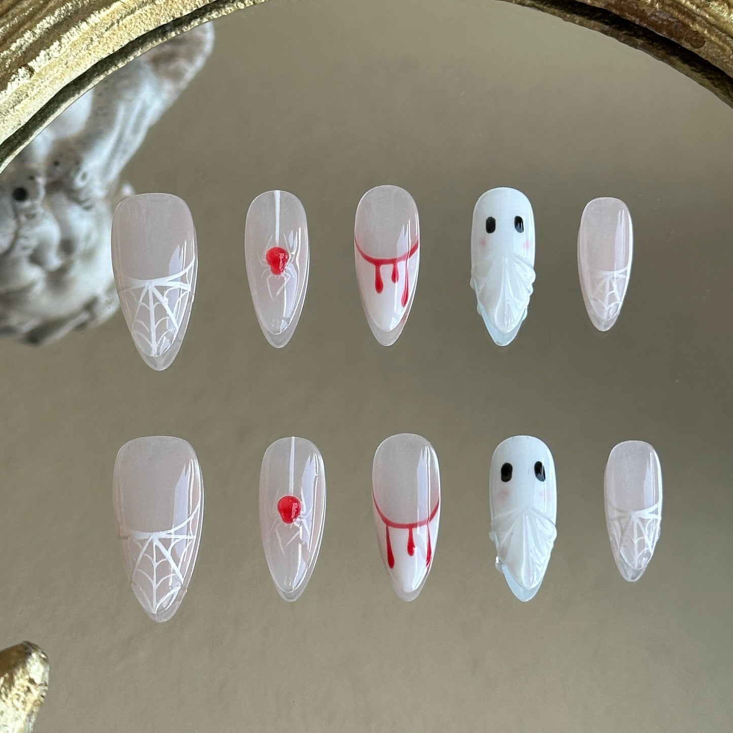 Front view of Spooky Webs handmade nails by MYOB Nails showing 3D ghosts, red blood drops, and white spiderweb art.