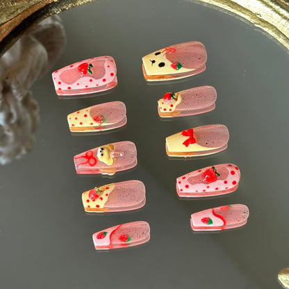 Side view highlighting the irregular pink French borders with red outlines and playful red polka dots.