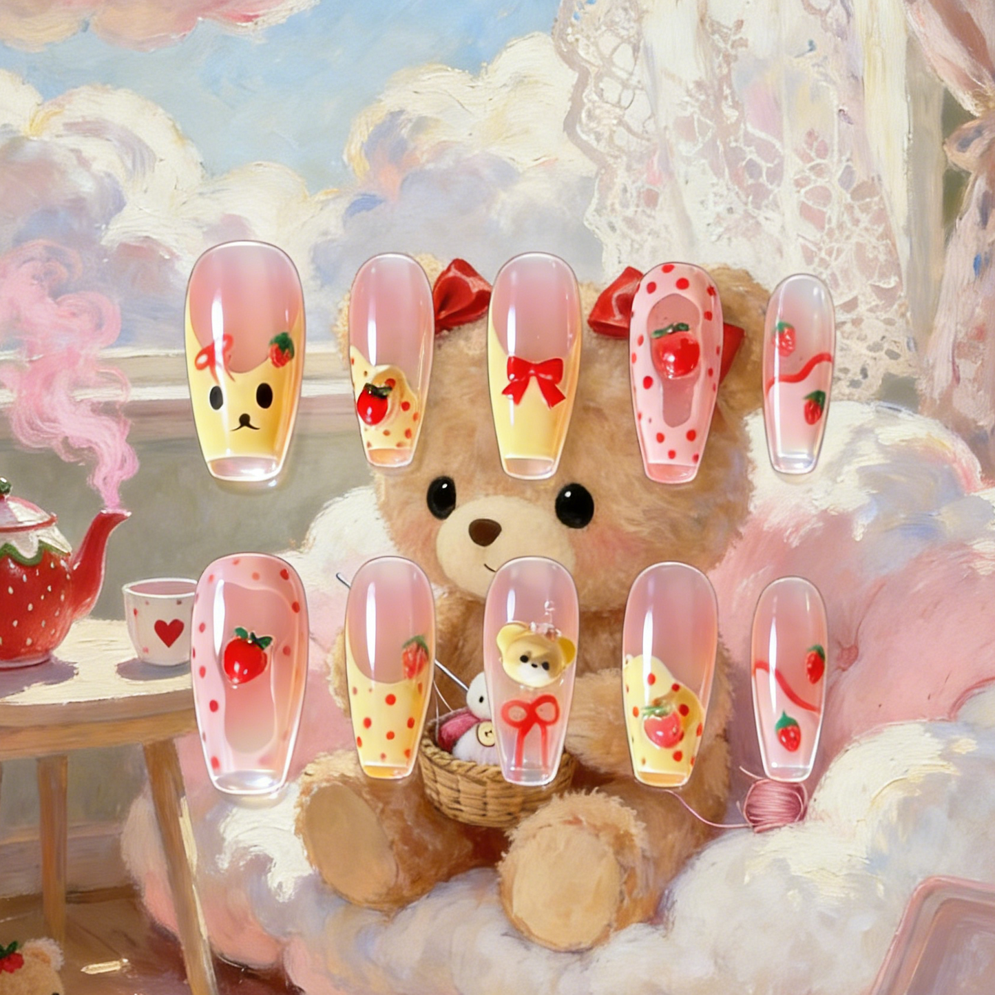Strawbeary press-on nails by MYOB Nails featuring 3D bears, strawberries, and yellow-pink French tips.