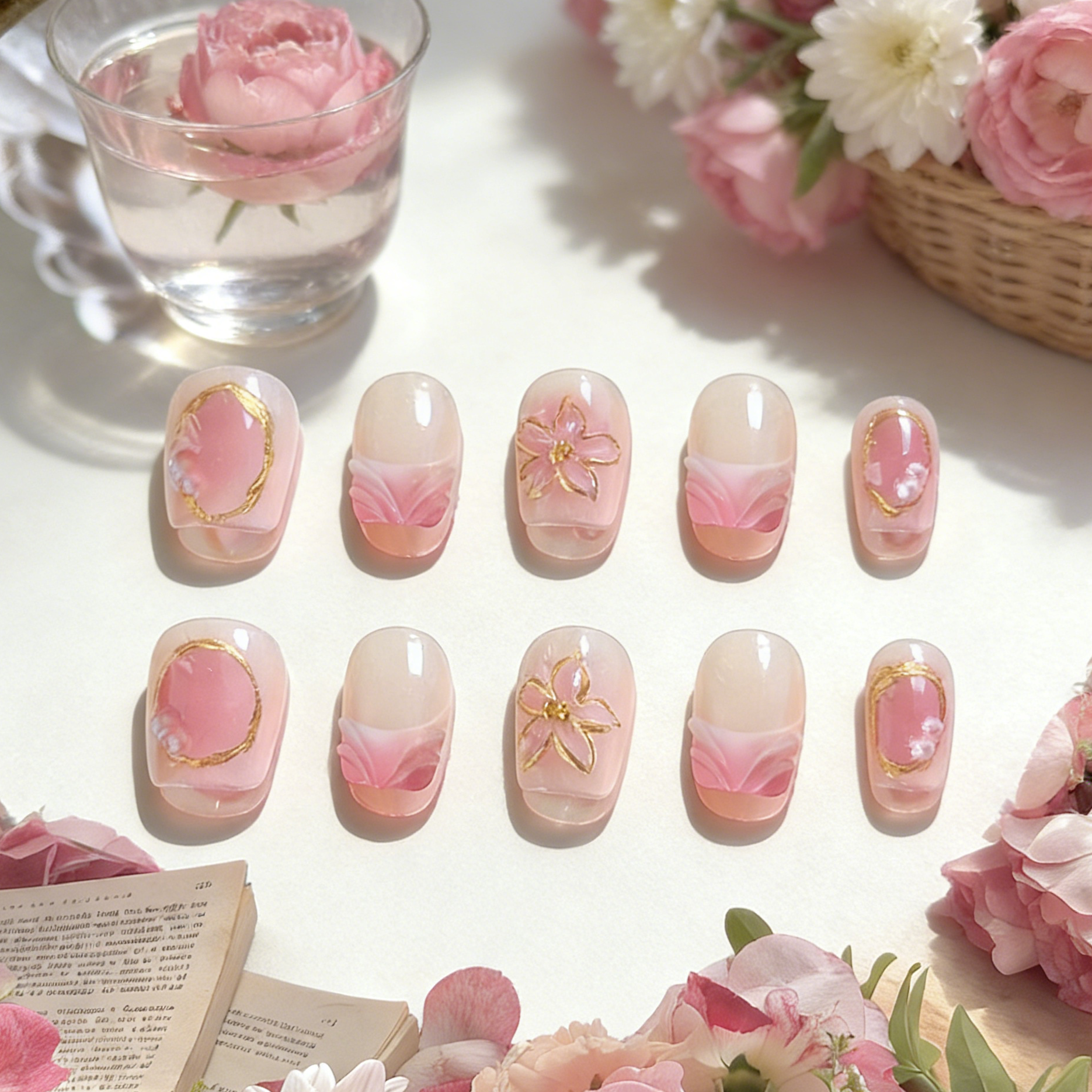 Sunblush by MYOB Nails featuring pink blush gradients, white French tips, and 3D gold-rimmed floral accents.