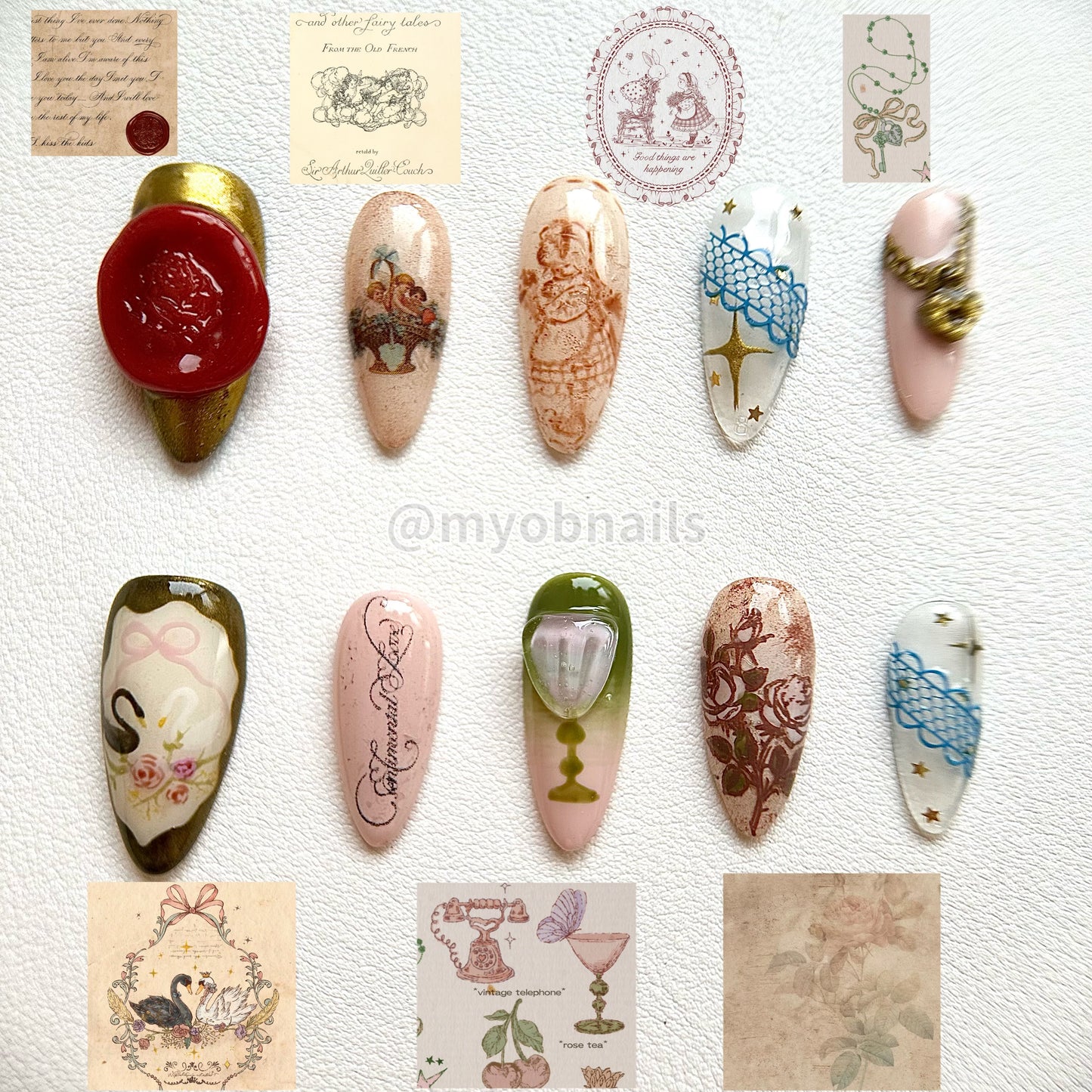 Front view of The Lost Fairytale nails showing hand-painted swans, roses, gold chains, and artistic gradients.