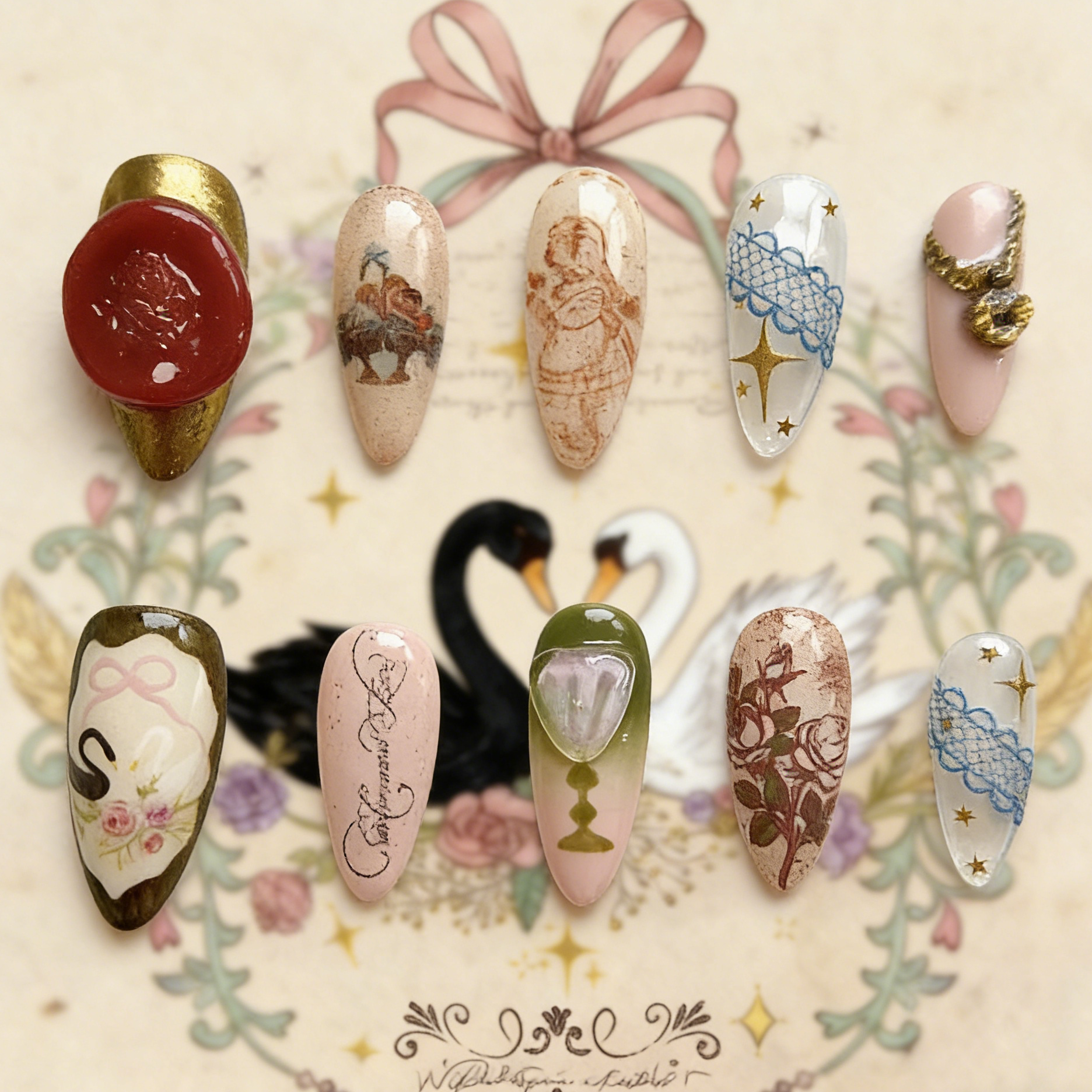 The Lost Fairytale press-on nails by MYOB Nails featuring a bold red wax seal, vintage portraits, and blue lace patterns.