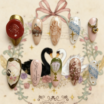 The Lost Fairytale press-on nails by MYOB Nails featuring a bold red wax seal, vintage portraits, and blue lace patterns.