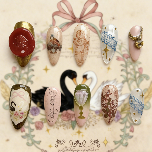 The Lost Fairytale press-on nails by MYOB Nails featuring a bold red wax seal, vintage portraits, and blue lace patterns.