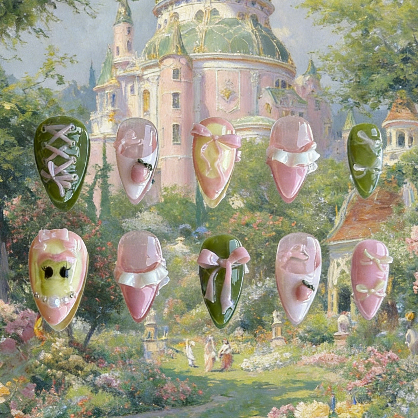 A fantasy scene featuring Tiana press-on nails by MYOB Nails set against a magical garden and castle background, embodying a princess dream.