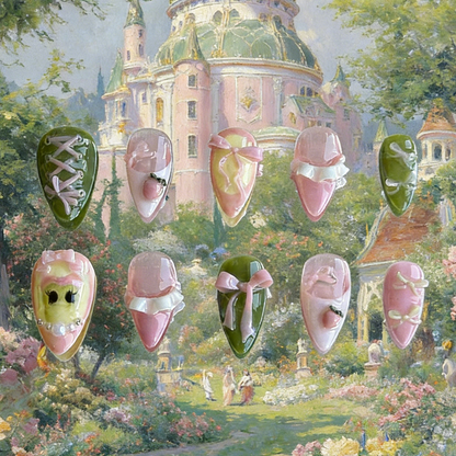 A fantasy scene featuring Tiana press-on nails by MYOB Nails set against a magical garden and castle background, embodying a princess dream.