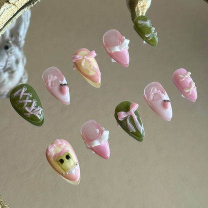 Left side detail of MYOB Nails Tiana set highlighting the forest green base with white handcrafted corset ribbon lacing.