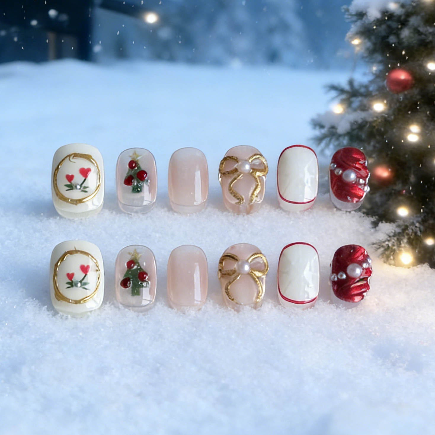 Winter's Heart press-on nails by MYOB Nails, featuring a snowy white base, festive heart and bow motifs finished with luxurious red and gold chrome powder accents.