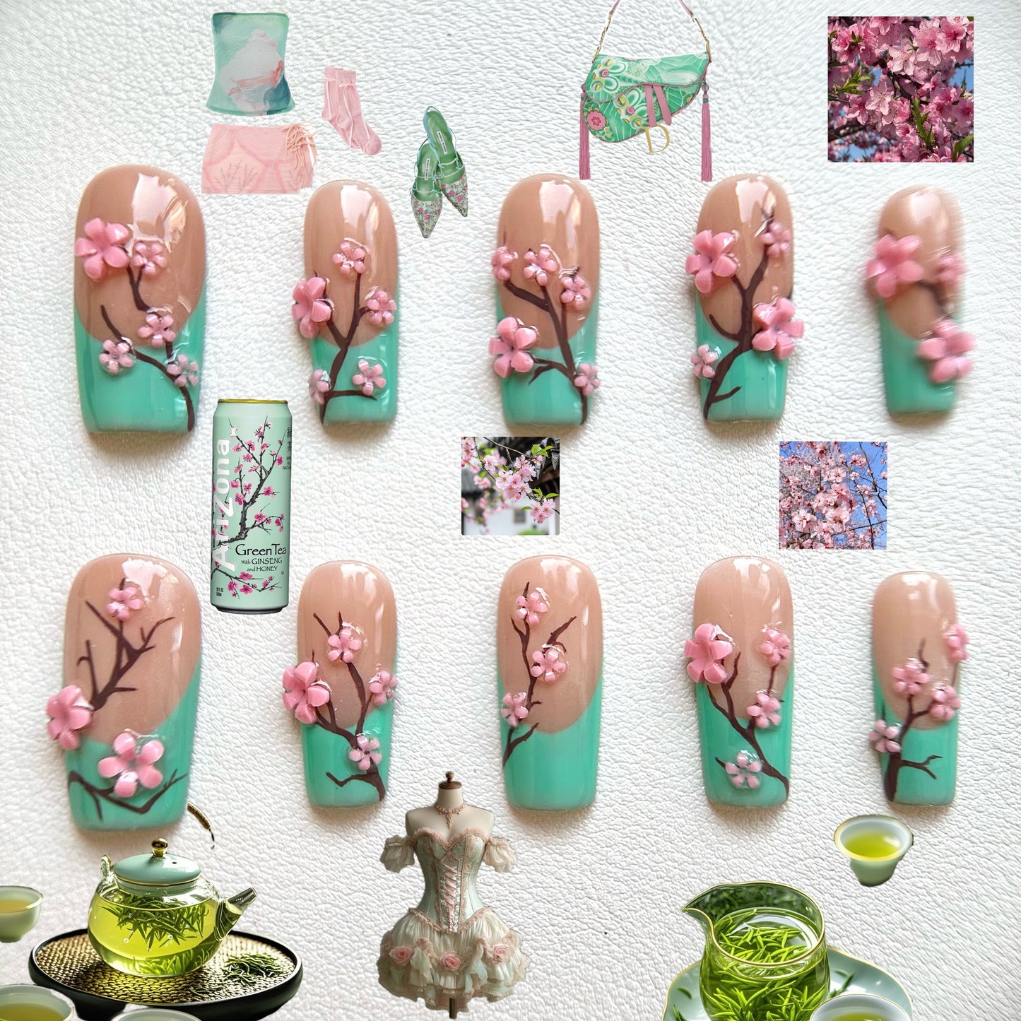 Front view of Zen Blossom nails showing the elegant hand-painted branches and blooming 3D floral accents.