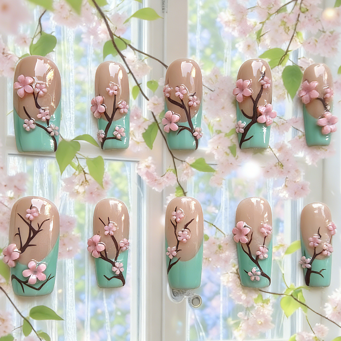 Zen Blossom press-on nails by MYOB Nails featuring a vibrant teal and tan gradient with 3D pink cherry blossoms.
