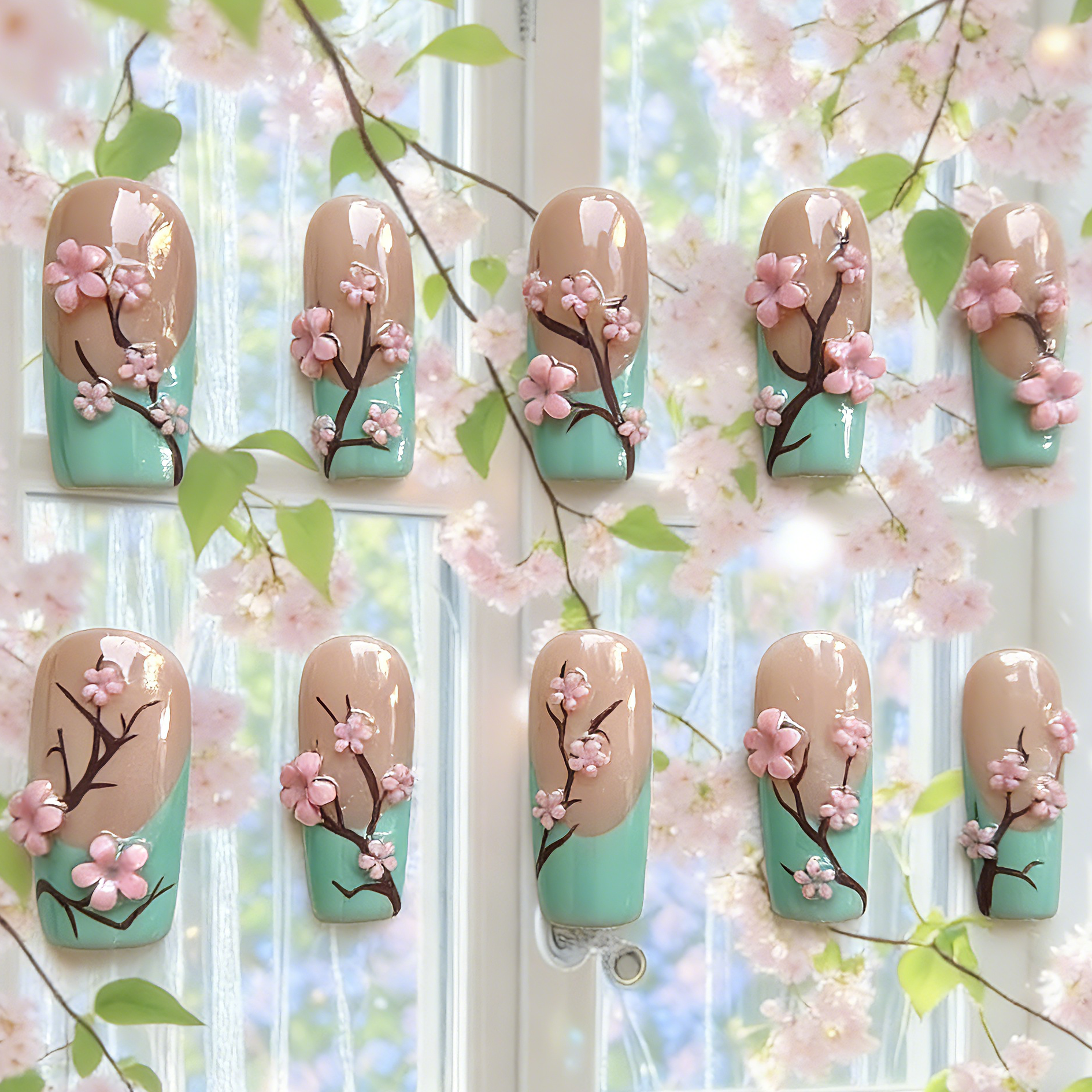 Zen Blossom press-on nails by MYOB Nails featuring a vibrant teal and tan gradient with 3D pink cherry blossoms.